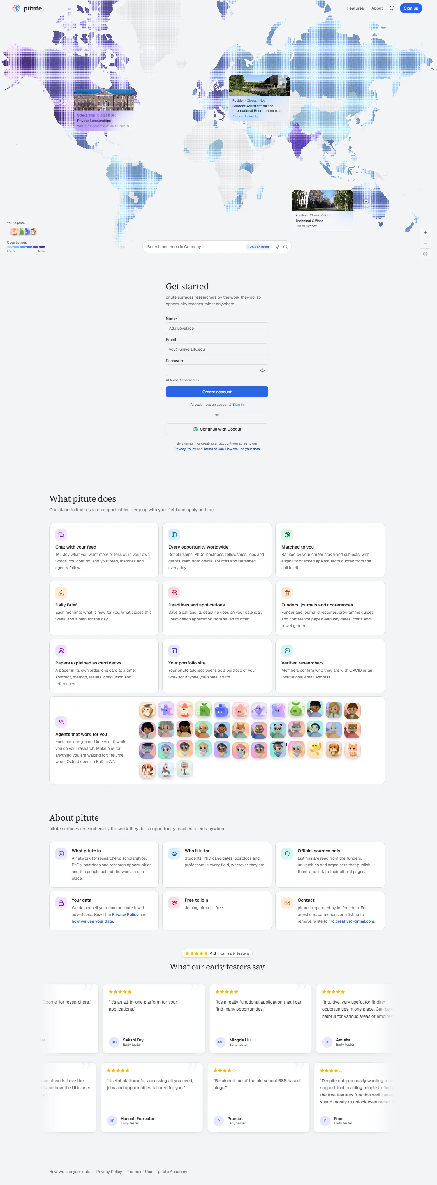 pitute.org, the landing page: the map of open research opportunities, sign-up, what pitute does, and what early testers say.